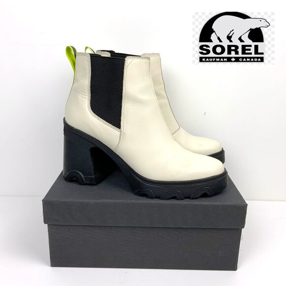 Sorel Brex Platform Block Heel Chelsea Boots Chalk White/ Black Size 9.5 - Picture 2 of 16